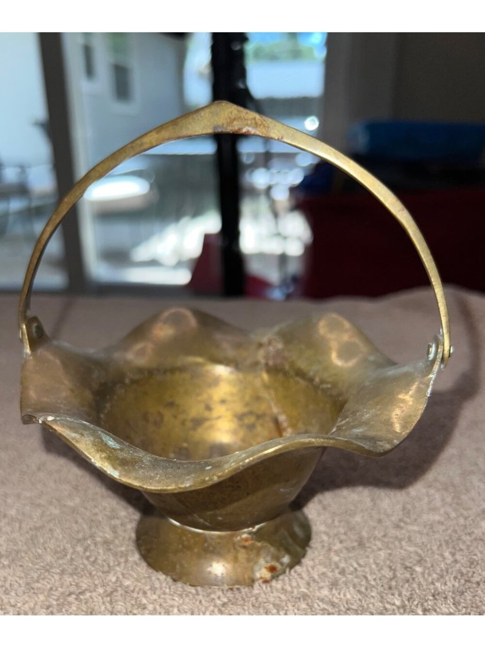 Vintage Brass Pedestal Basket Scalloped Edges and Handle Rustic Patina Finish